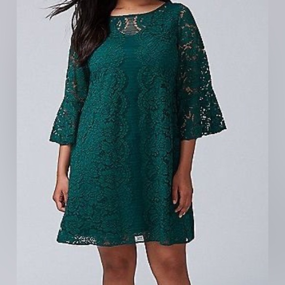 Lane Bryant Lace Flare Dress Teal Green Lined Sz 18 $100 NWT Scoop Bell Sleeves